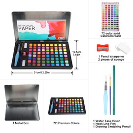 Watercolour Paint Set - 72 Colours Watercolour Set with Brush, Water Tank Brush, Watercolour Box, Drawing Pen, Watercolour Paper, Sponge & Sharpener, Watercolour Set - Watercolour Set for Children &
