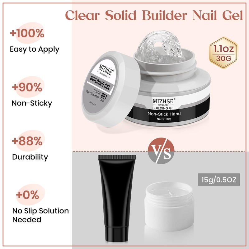 MIZHSE 30G Clear Solid Builder Gel for Nails, Solid Nail