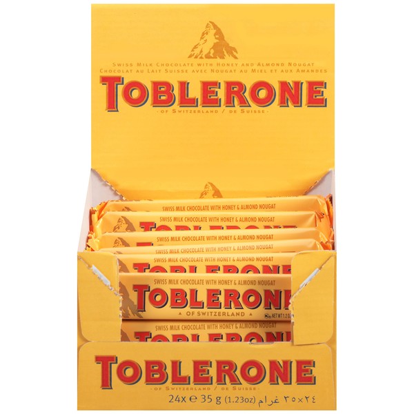 Toblerone Swiss Milk Chocolate Candy Bars with Honey and Almond Nougat, 24 - 1.2 oz Bars