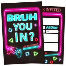 VIVORA Boy Game Birthday Invitation Card for Boys, Neon Video Game Themed Birthday Party Invites, 30 Cards & 30 Envelopes, 4x6 Inches, Double-Sided