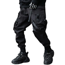 XYXIONGMAO Men's Techwear Japanese Streetwear Goth Black Cargo Pants - Jogger Fashion Tripp Hip Hop Punk Multiple Pockets Functional Paratrooper Tactical (Black, S)