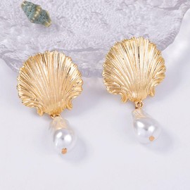 Eioi & Lmnm Women's Chunky Gold Shell Baroque Pearl Large Dangle Earrings, Large Seashell Pearl Drop Earrings, Exaggerated Ocean Theme Statement Earrings, Trendy Beach Jewelry Gift for Summer Holiday Wedding (A)