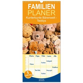 Familienplaner 2025 - Kunterbunte Bärenwelt - Teddys mit 5 Spalten (Wandkalender, 21 cm x 45 cm), CALVENDO
