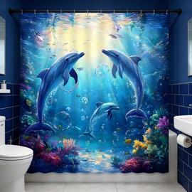 UEAUUN Funny Dolphin Shower Curtain Underwater World Tropical, 70x70 Inch