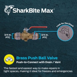 SharkBite Max 3/4 Inch Ball Valve with Drain Vent and Mounting Bracket, Push to Connect Brass Plumbing Fitting, PEX Pipe, Copper, CPVC, PE-RT, HDPE, UR24616A
