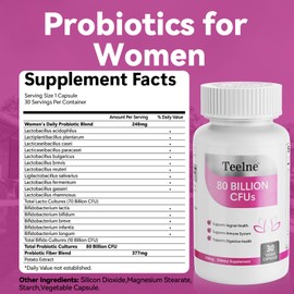 Teelne Women's Probiotics and Prebiotics 80 Billion CFUs, 16 Probiotic Strains, Probiotics for PH Balance, Supports Digestive & Gut Health, 30 Capsules