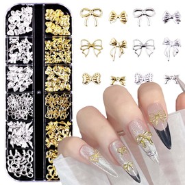 Mixed Gold Nail Charms Bow Nail Art Charms 3D Sliver Nail Charms Bow Nail Rhinestones Design Nail Supplies Jewelry Decoration for Women DIY Nail Accessories