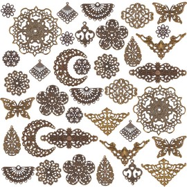 PH PandaHall 150pcs Antique Filigree Pendants 15 Style Tibetan Pendent Metal Connector Teardrop Flower Butterfly Shaped Linking Decoration Pendants for Hairpin Headwear Necklace Jewelery Making