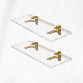 Clear Acrylic Shelves 14.5 inches, 3/4" Thick Transparent Wall Mounted Floating Shelves for Bedroom, Living Room, Bathroom, Kitchen -‎ with Screws and Brass Finish Brackets, Pack of 2
