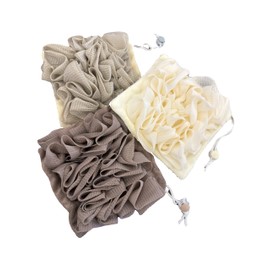 3pcs Washcloth Loofah Combo 2-in-1 Loufee Washcloth Soap Holder Exfoliation Mesh Shower Ball for Body Wash & Smooth Skin+Free Loofah Dish Towel (Grey+Coffee+White)