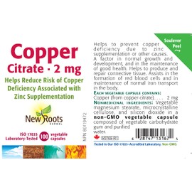 NEW ROOTS HERBAL New Roots Herbal - Copper Citrate 2mg, 100 Capsules - Helps to Form Red Blood Cells - Helps to Prevent Copper Deficiency - Mineral Supplement