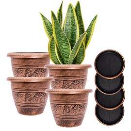 Set of 4 Copper Plastic-Plant-Flower-Planters-10 with Drainage Hole and Matching Saucers. Rustic French Country Look for Indoor Outdoor, Retro Antique Decorative Garden Containers (Tendril)