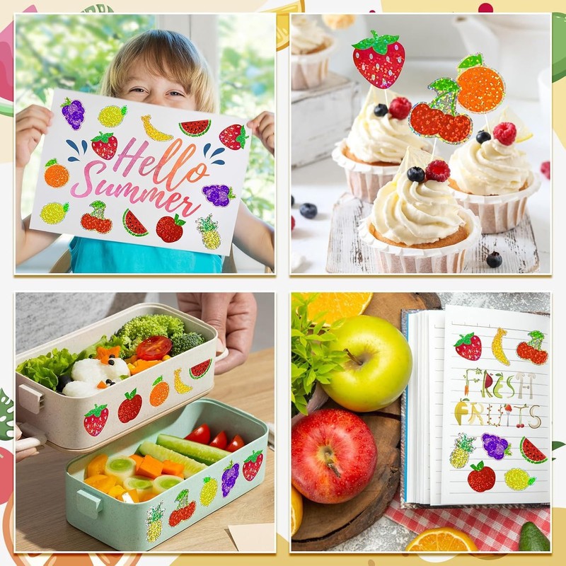 HEYTRCO 500Pcs Glitter Fruit Stickers Roll, 12 Holographic Sparkle Designs