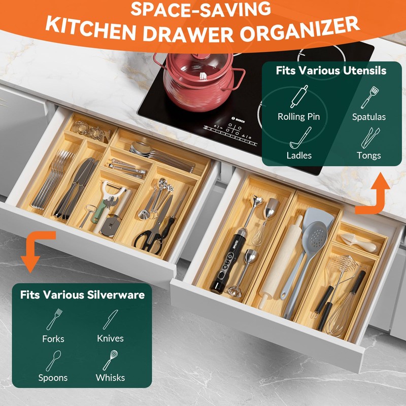 Lixple Bamboo Drawer Organizer, Small Silverware Organizer for Kitchen Drawer,