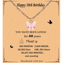 Happy Birthday Cards, 10/16/18/20/21/30/40/50/60/70 Birthday Card with Necklace Colorful Acrylic Butterfly Pendant Necklace for Women Girls Friend Friendship Birthday Gifts (50th birthday card)