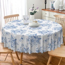 TTQYFNM Blue Floral Round Tablecloth 36 Inch Rustic Butterfly Blue White Flowers Decorative Table Cloth Waterproof Stain Resistant Table Cover for Farmhouse Kitchen Dining Patio Picnic Party Decors