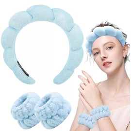 Qiansail 3Pcs Skincare Headbands for Women, Fashion Spa Headband and Wristband Cloth Fabric Sponge Makeup Hairband for Washing Face Shower Facial Mask (Blue, One Size)