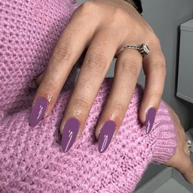 Dark Purple Press on Nails Medium Stiletto Almond,Xcreando Pure Color Acrylic Nails Kit Reusable Fake Nails with Feature Protective UV Coating for Women Nail Art Manicure in 24PCS