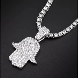 Big Dawgs Bling Silver Hand of God Hamsa Fatima Iced CZ Pendant w 20" Tennis Chain Necklace