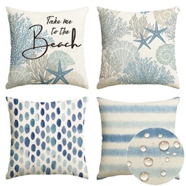 Take Me to The Beach Summer Outdoor Waterproof Throw Pillow Covers, 18 x 18 Inch Blue Ocean Starfish Holiday Decorative Cushion Cases for Patio Furniture Garden Set of 4