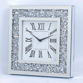 CUYOU Decor Crushed Diamond Mirror Wall Clock with Crystal Decorations for Home (Silver-Square 35CM)