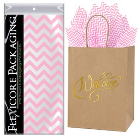 Flexicore Packaging Natural Brown Kraft Paper Welcome Bags & Light Pink Gift Wrap Tissue Paper | Size: 8 Inch X 4.75 Inch X 10.5 Inch | Count: 50 Bags | Color: Light Pink Chevron