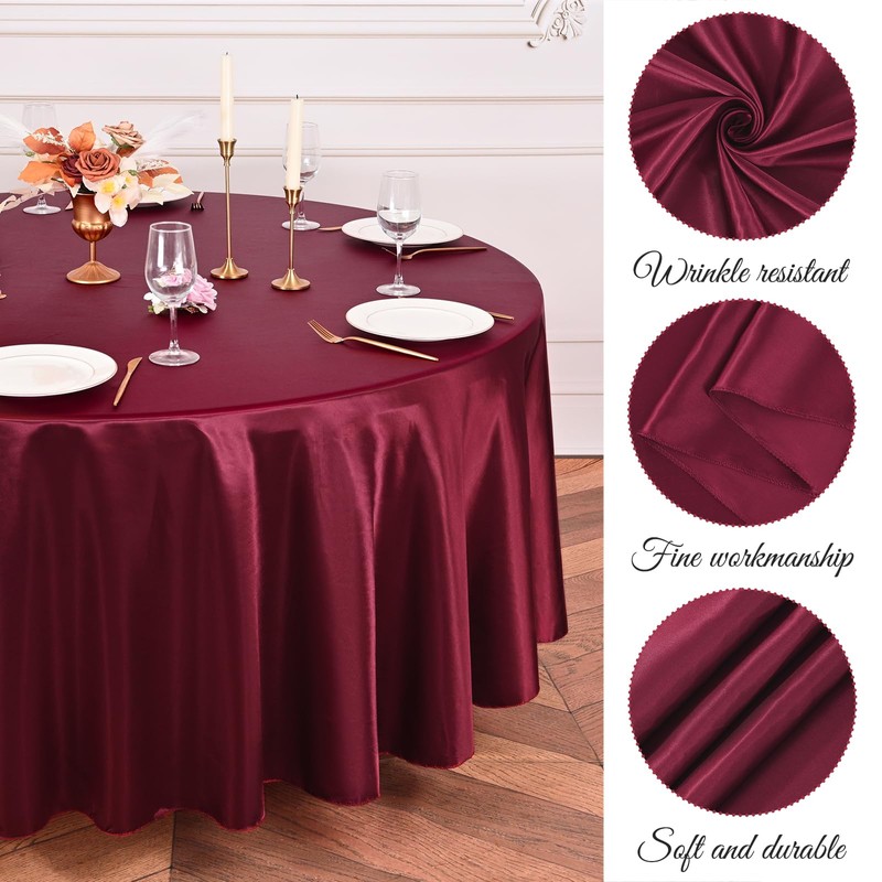 6 Packs Satin Tablecloth 120 inch Burgundy Round Tablecloths, Overlay