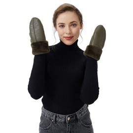 Surblue Winter Leather Mittens Sheepskin Shearling Lambskin Gloves Liner Fur Lambswool for Women and Men Cold Weather (Green, L)