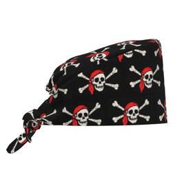 Pirate Skull Black Red Working Cap with Sweatband for Women Men, Comfortable Adjustable Cleaning Scrub Working Hats Breathable Nurse Surgical Caps