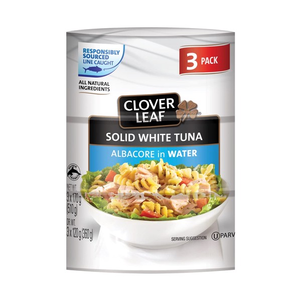 Clover Leaf Solid White Albacore Tuna in Water - 3 x 170g, 3 Count - Canned Tuna - All Natural Ingredients - High In Protein – 14g Of Protein Per 55g Serving Drained – Wild And Traceable Tuna – Trace My Catch