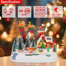 Animated Christmas Village with Santa Sleigh and Reindeer, LED Lighted House Village with Moving Figurines, Musical Indoor Christmas Decoration, Holiday Collectible Display Scene