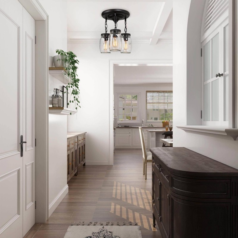 LALUZ Mason Jar Flush Mount Ceiling Light, 3-Light Black Farmhouse