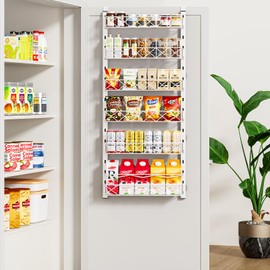 MIAOLI Over the Door Organizer, White 6-Tier Pantry Door Organizer with Adjustable Basket, Hanging Spice Rack Cabinet Door Shelves, Laundry Room Organization and Storage