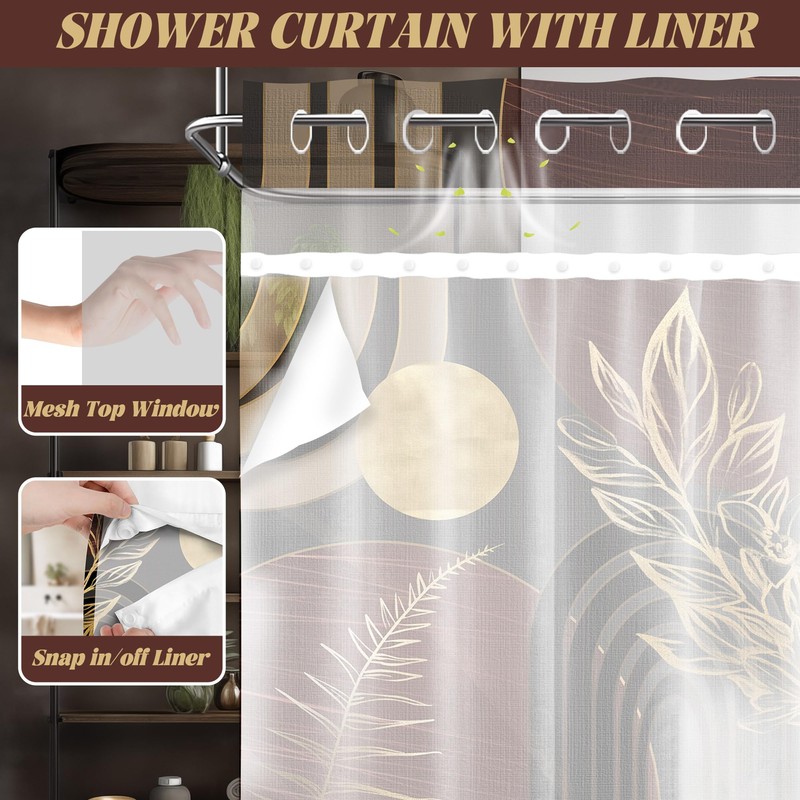 DLTAY Dark Brown and Black Hookless Shower Curtain with Snap