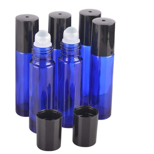 6 Bottles Cobalt Blue 1/3 oz,10 ml GLASS Roll On Bottle With Black Cap & Roller