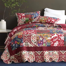 camandy Cotton Bedspread Quilt Bedding Sets 3 Pieces Reversible Coverlet Sets Comforters Gorgeous Paisley Floral Patchwork Red Bedspread, King Size