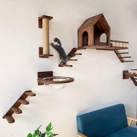 Kelendle Wood Cat Steps Wall Mounted - 4 Step Cat Stairs Cat Step Ladder Cat Climber Stairs Cat Step Shelf Cat Perch Cat Furniture for Wall Decoration Left Step Ladder