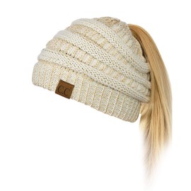 C.C BeanieTail Soft Stretch Cable Knit Messy High Bun Ponytail Beanie Hat, Ivory/Gold Metallic