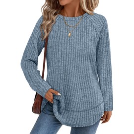 WIHOLL Sweaters for Women Trendy Tops Dressy Casual Long Sleeve Shirts Ribbed Fall Outfits Winter Clothing Blue M