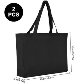 KUIZHEN Cotton Bag, 2 Pieces, Black, Large Tote Bag, Jute Bag, Shopping Bag, Cotton Bag, Fabric Bag, Plain Fabric Bag, Foldable with Handle for Sports, Shopping, 45 x 35 cm, black