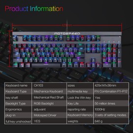 MOTOSPEED CK103 RGB LED Backlit Wired Mechanical Gaming Keyboard, 103 Keys Hot-Swap Mechanical Keyboard w/Aluminum Base, Upgraded Socket and Noise Absorbing Foams, Soft Tactile Red Switch ﻿