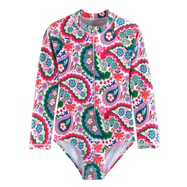 Girls Long Sleeve One Piece Swimsuit Rash Guard Swimwear Zipper Quick Dry Bathing Suits Sun Protection UPF 50+ Flowers 8T