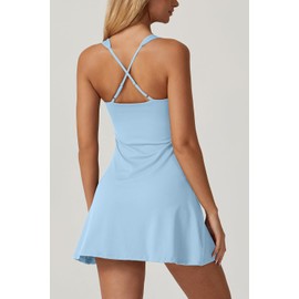QINSEN Sport Dress for Women Square Neck Cross Back Flare Tennis Dress Quickly Dry Exercise Yoga Dress Airy Blue S
