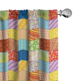 Lunarable Colorful Window Curtains, Quilt Style Floral Plaid and Geometric Design Old Fashioned Patchwork Pattern, Lightweight Decor 2-Panel Set with Rod Pocket, Pair of - 28" x 84", Red Yellow