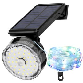 KERNOWO Solar Lights with String Lights Outdoor Waterproof, LED Solar Powered Wall Light, Outdoor Motion Sensor Flood Lights for Balconies, Fences, Gardens, Yards and Outside Decks（1-Pack, Black）