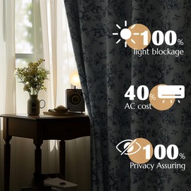 jinchan 100% Blackout Floral Curtains 84 Inches Long, Printed Flower Blue Blackout Curtains for Bedroom Rod Pocket Back Tab Full Blackout Curtains Thermal Insulated Window Drapes, 2 Panels Blue