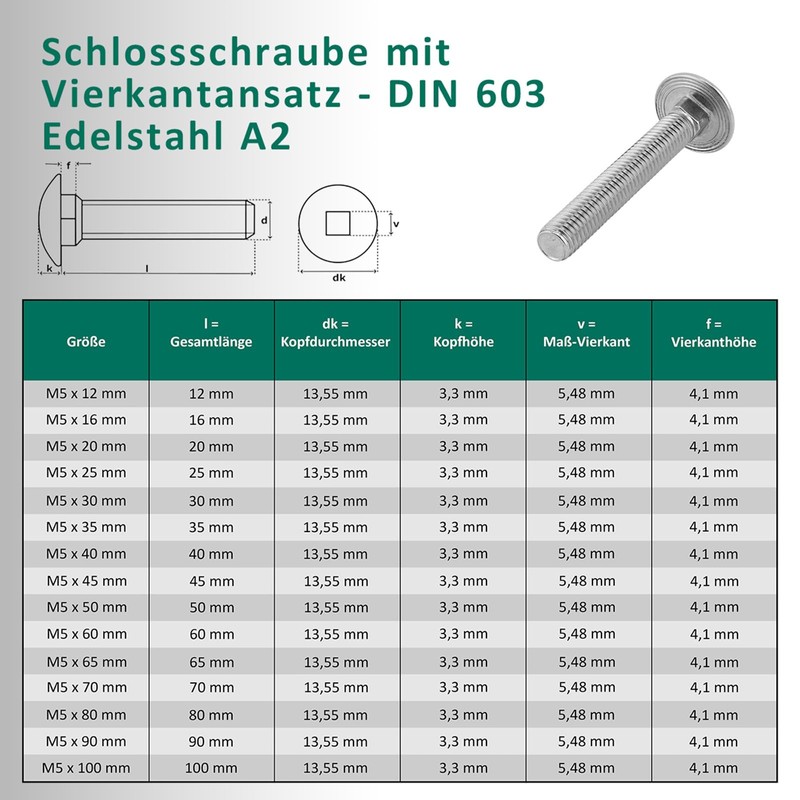 DSM - Carriage Bolts M5 x 90mm DIN 603 -