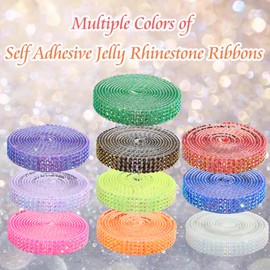 FULZTEY 4 Rolls Self Adhesive Rhinestone Ribbon,Orange AB Rhinestone Ribbon Roll Sticker with 2 mm Gems for DIY Crafts,Bling Jelly Rhinestones Strip for Car Clothes Wedding Party Decoration