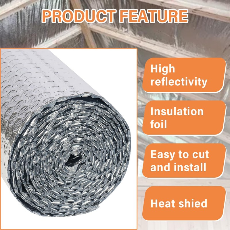 VUAOHIY Double Reflective Insulation Roll, 47" X10' Double-Sided Aluminum Bubble