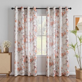 MEETSKY Floral Linen Curtains 84 Inch Length for Bedroom, Orange Rose Printed Grommet Drapes for Living Room, Light Filtering Semi Sheer Botanical Vintage Window Drapes 2 Panels, Each 52 Inch Wide